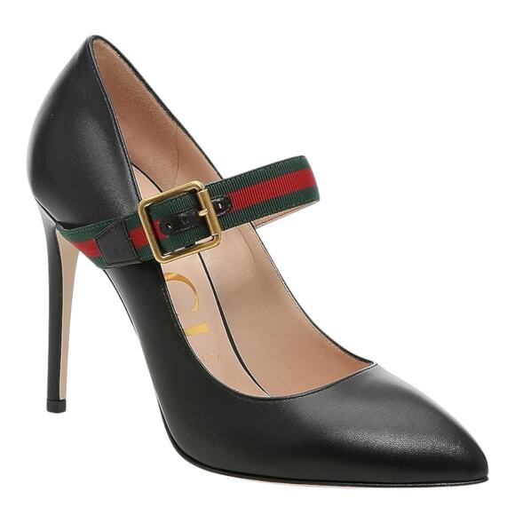 Gucci Malaga Kid Sylvie Mary Jane Web Pumps Black Leather Size 38.5 - Picture 1 of 13